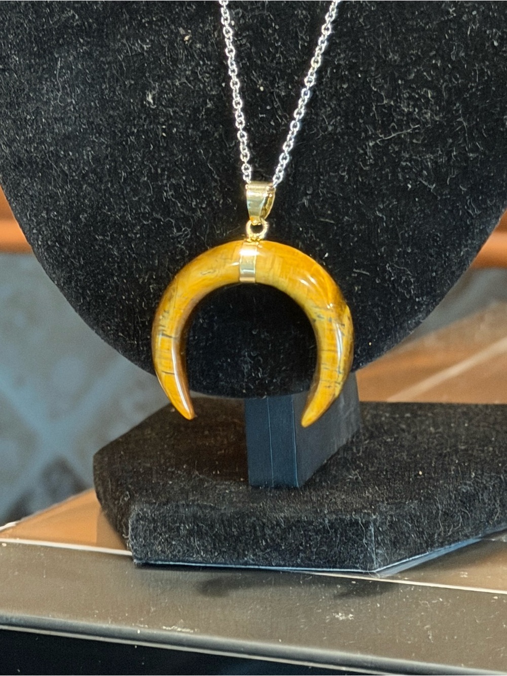 Genuine Tigers Eye Crescent Horn Pendant Necklace - iON YG 20 inches